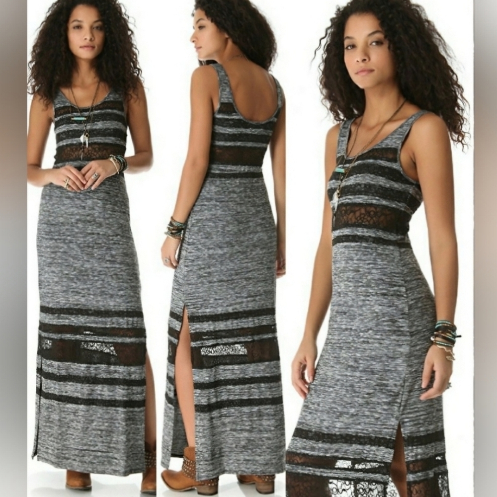 Free People Haze Daze Heathered  Black/ Black Lace Sz S Maxi Dress - Picture 2 of 12